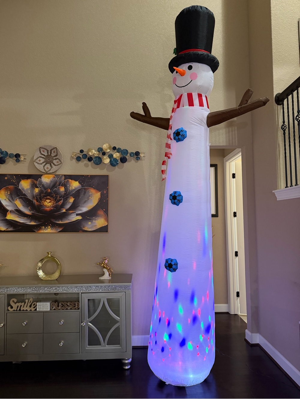 Inflatable White Snowman with Multicolors Lights
